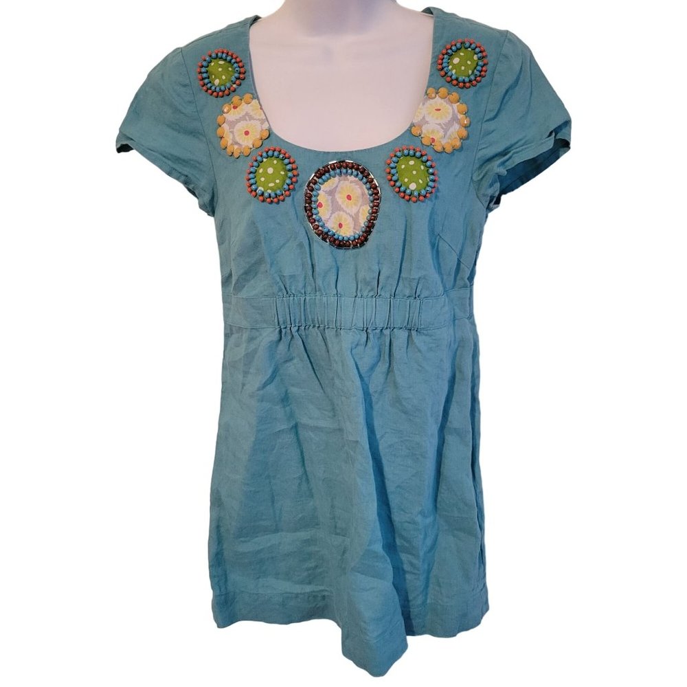 Boden 4 Aqua Blue Floral Beaded Linen Tunic Top Dress WA256